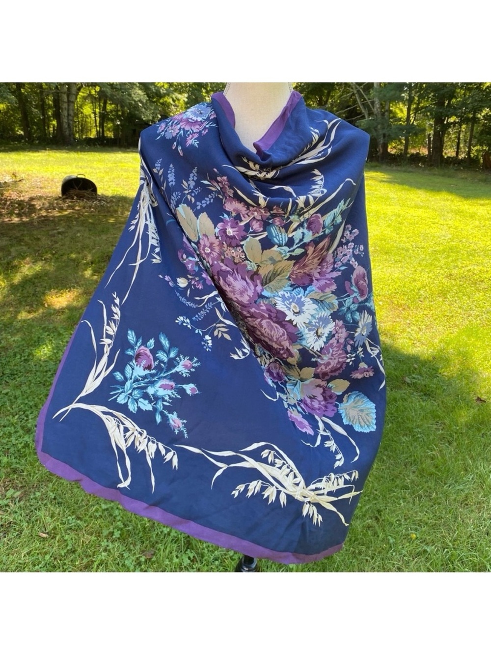 LAURA ASHLEY SCARF PURLE BLUE TAN CREAM FLORAL SILK SQUARE